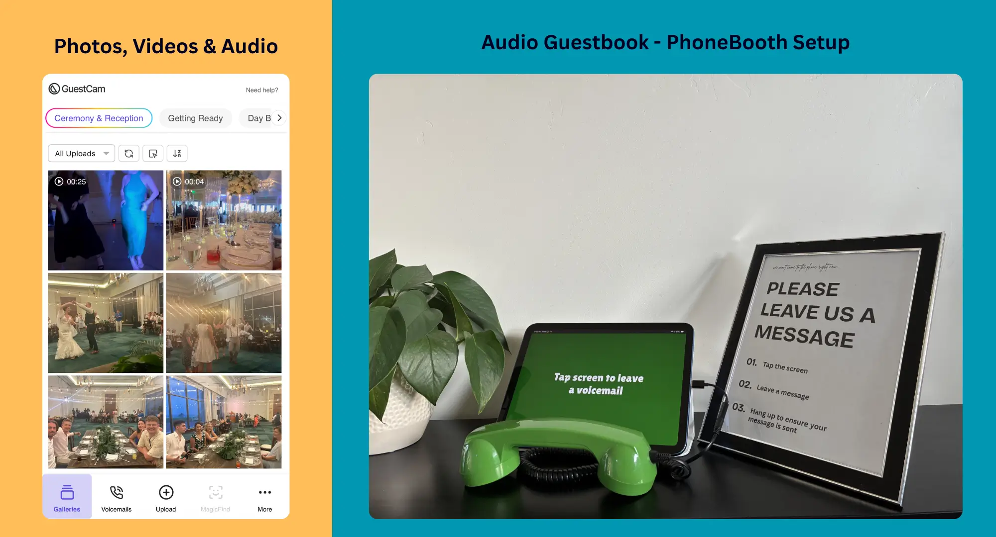 Digital wedding guest book showing a guest photo gallery and audio guest book PhoneBooth setup.