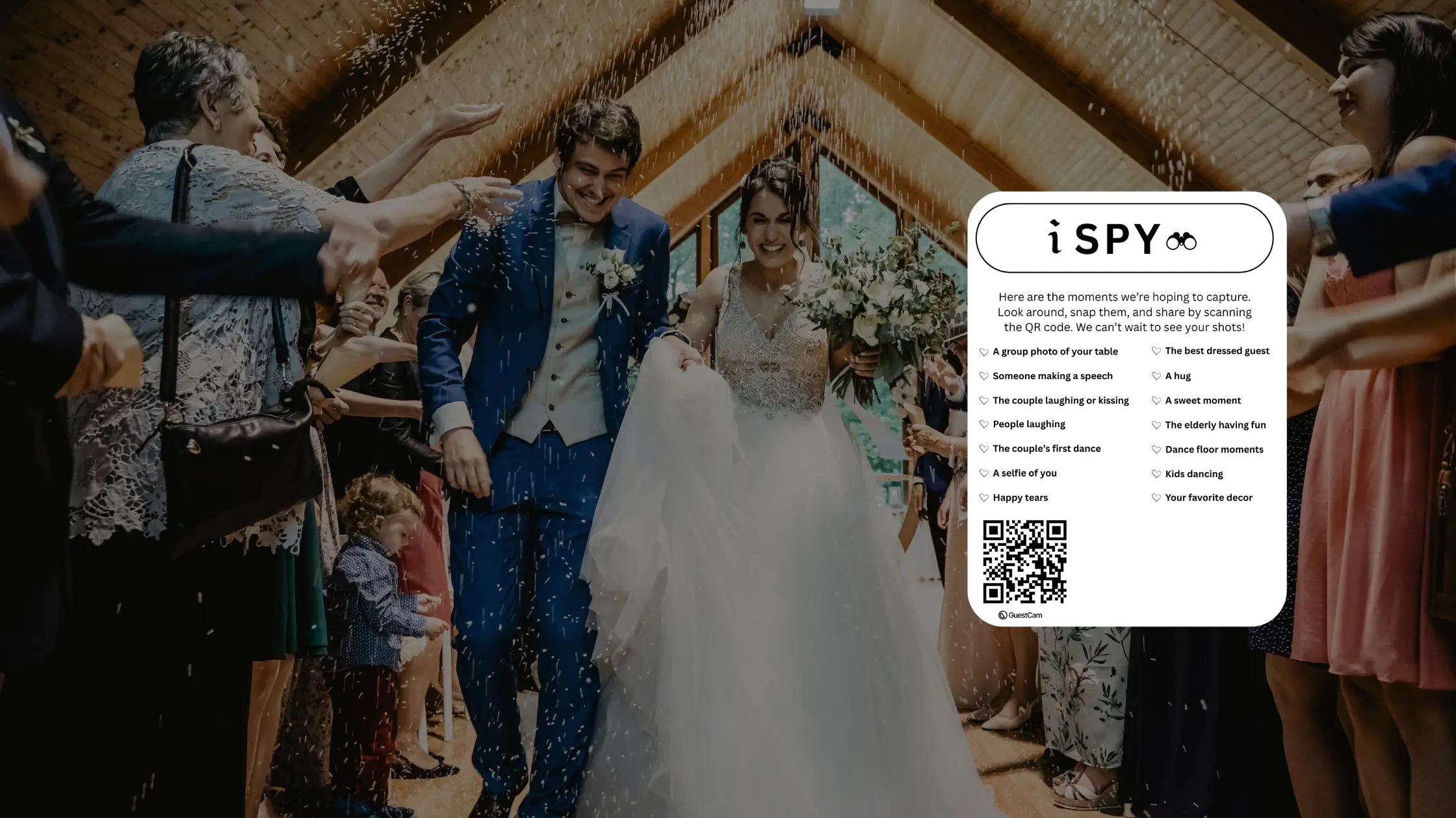 Wedding I Spy scavenger hunt card with sample photo prompts and a QR code