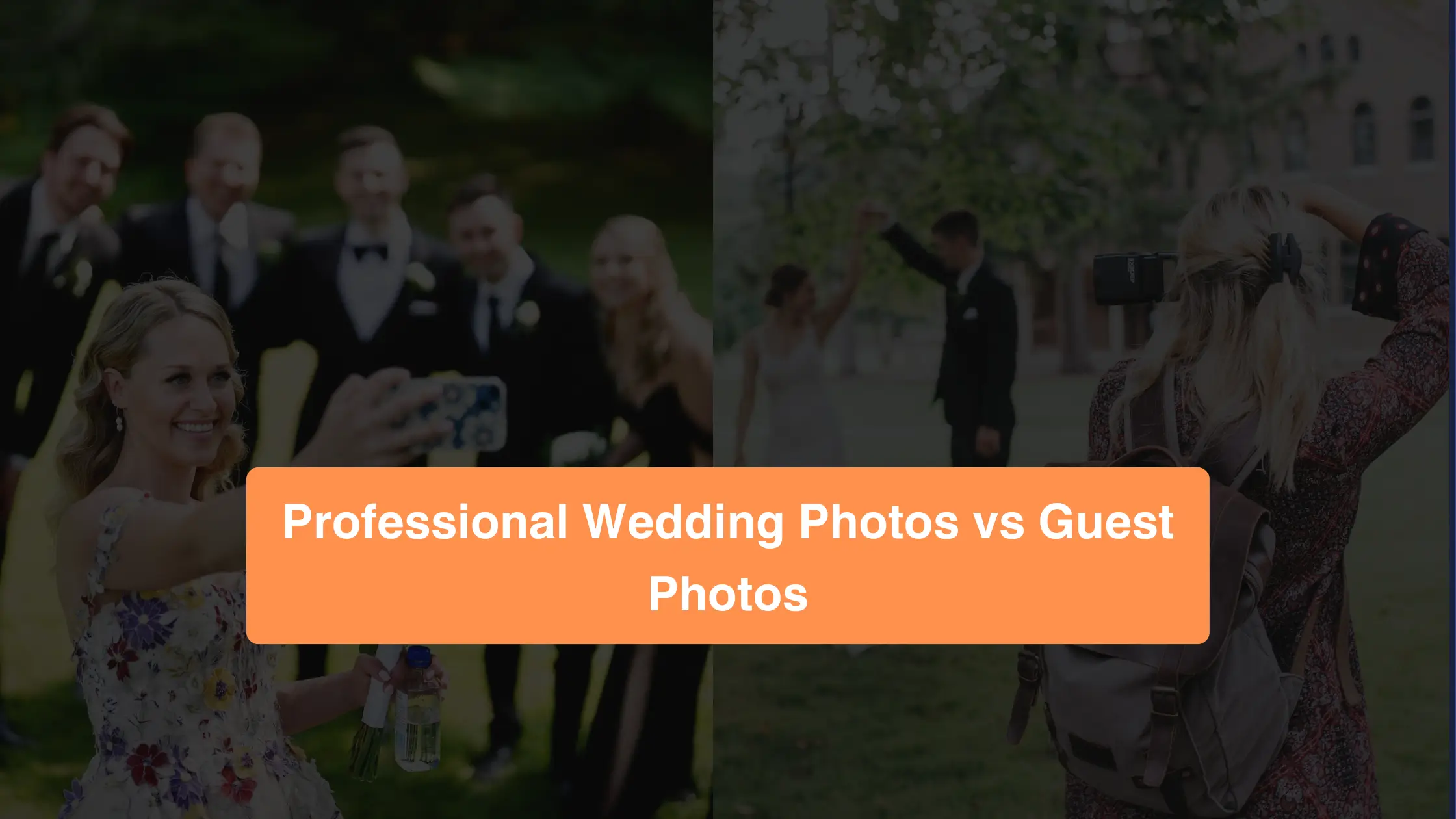 Side-by-side comparison of a wedding guest taking a selfie and a professional photographer photographing a couple.