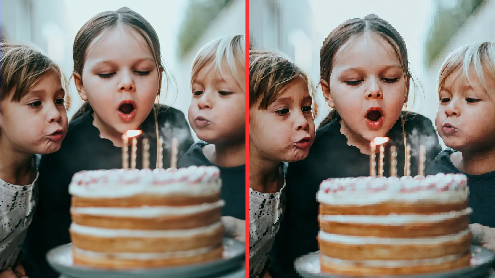 Side-by-side comparison of an original birthday photo and a blurry, compressed version after texting.