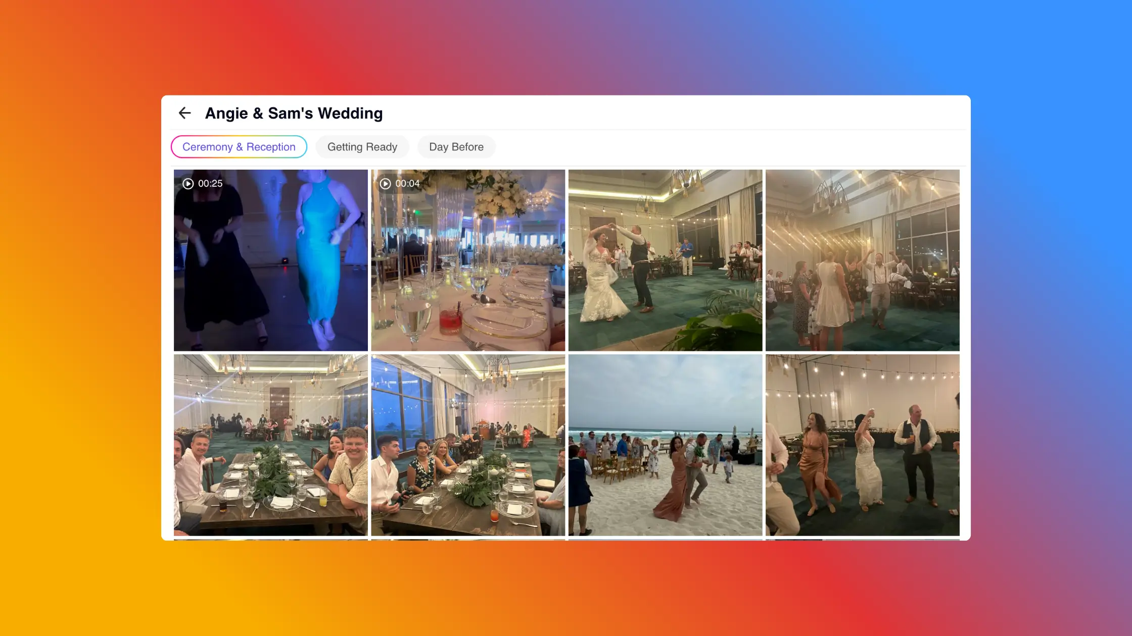 Wedding photos organized into Ceremony & Reception, Getting Ready, and Day Before galleries.