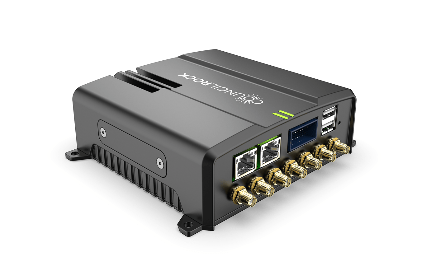 Electronic router component with black enclosure.