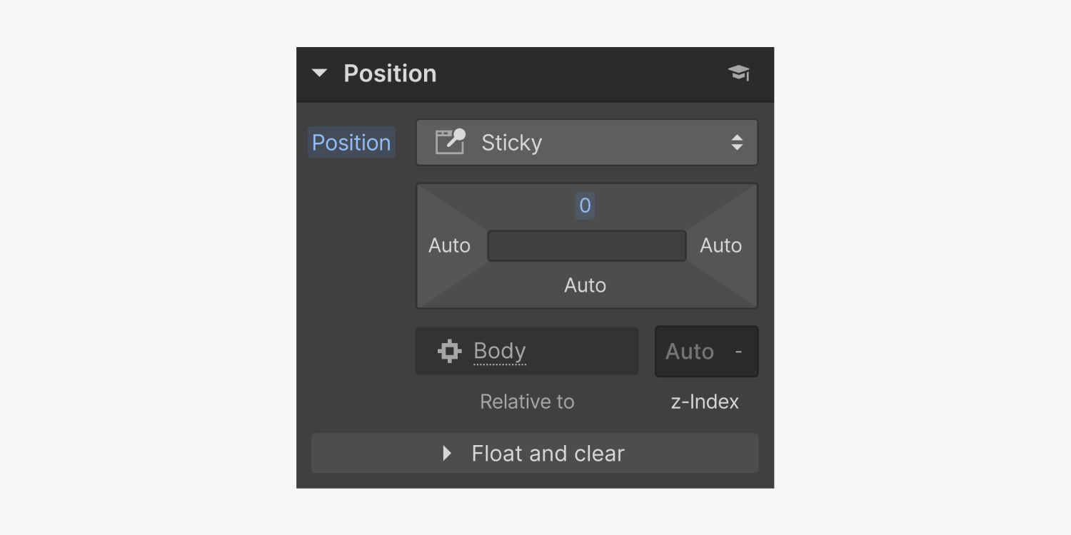 The position section in the style panel displays a dropdown menu for the position, four input fields for numeric characters, a relative to selector, a z-index input field and a float and clear button.