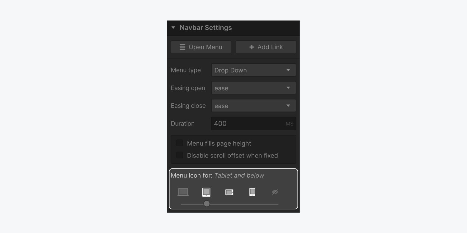 The device options slider is highlighted on the Navbar settings.