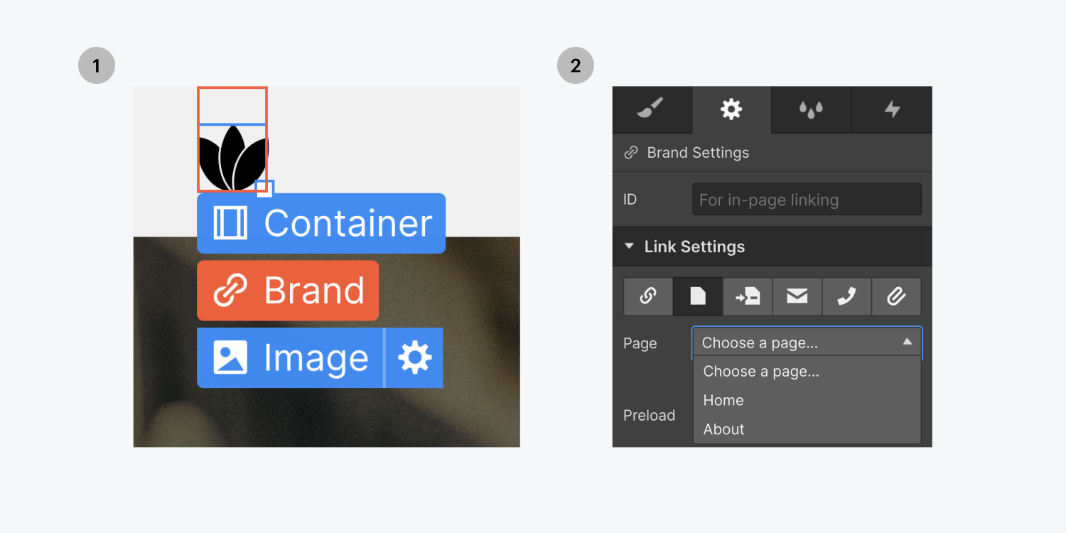 Step one on the left, select the brand logo. Step two on the right, select Home from the dropdown menu under the Page settings in the Link Settings section.