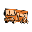 A bus and a bike alongside each other, coloured with an orange palette.