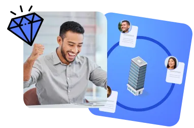 Man celebrating successfully in front of a laptop with a diamond icon and a digital illustration of a building surrounded by profile cards.