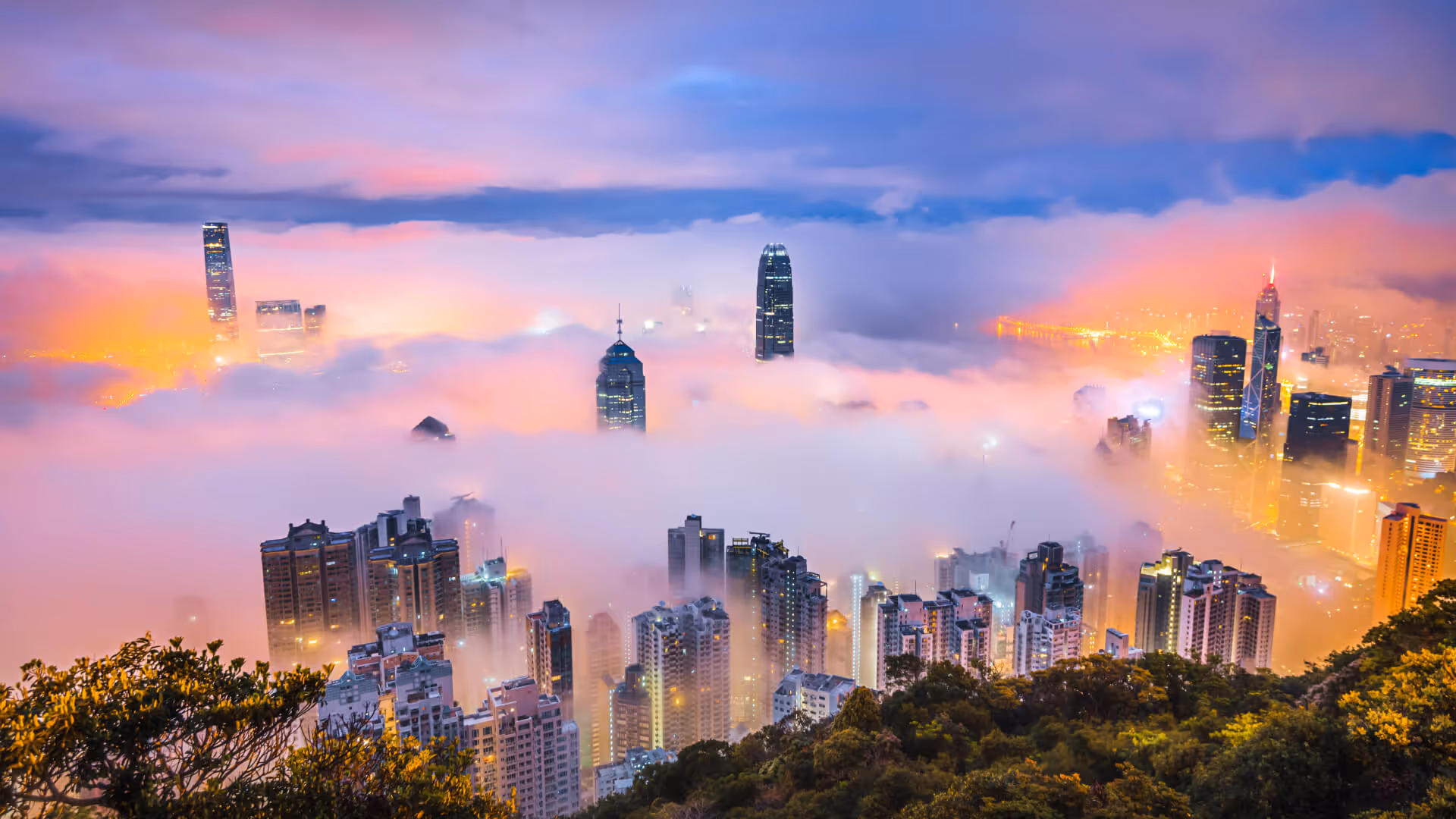 Hong Kong skyline with skyscrapers emerging through thick fog at sunset, with glowing city lights and greenery in foreground.