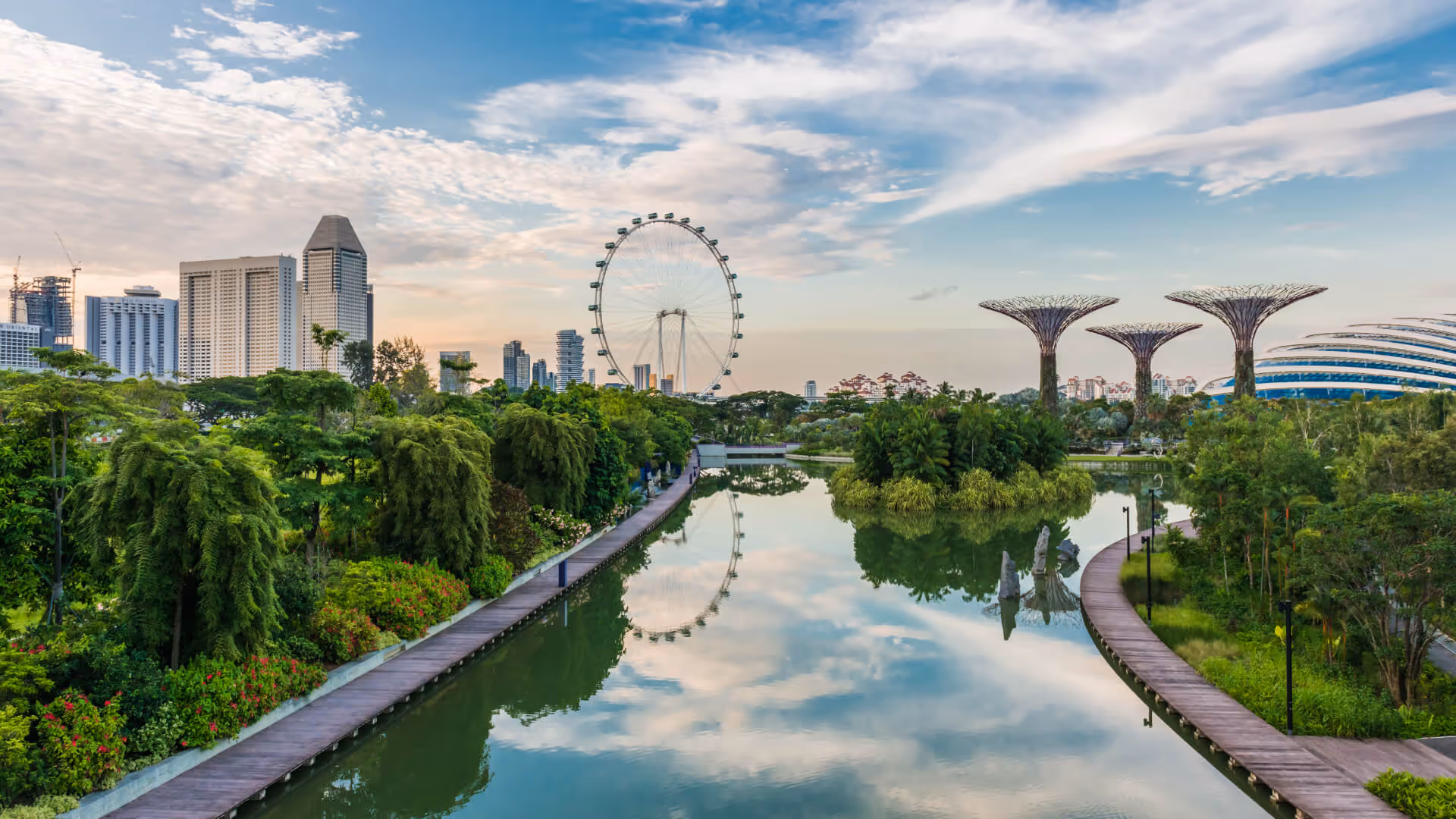 Singapore skyline with the Singapore Flyer, Supertree Grove, and gardens reflecting in water.