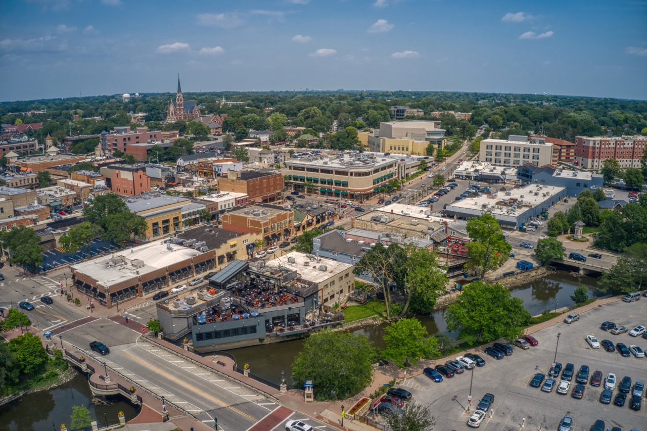 Drone shot of Naperville IL riverfront - Chris Painting service area