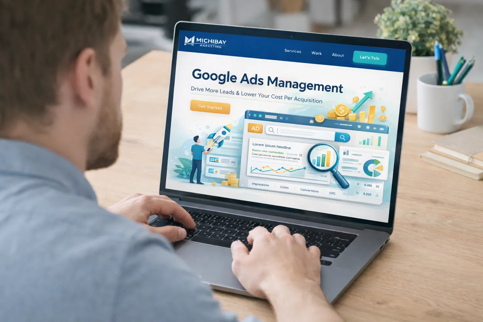 A person typing on a laptop displaying a digital marketing agency landing page with campaign analytics, highlighting professional Google Ads Management Houston.