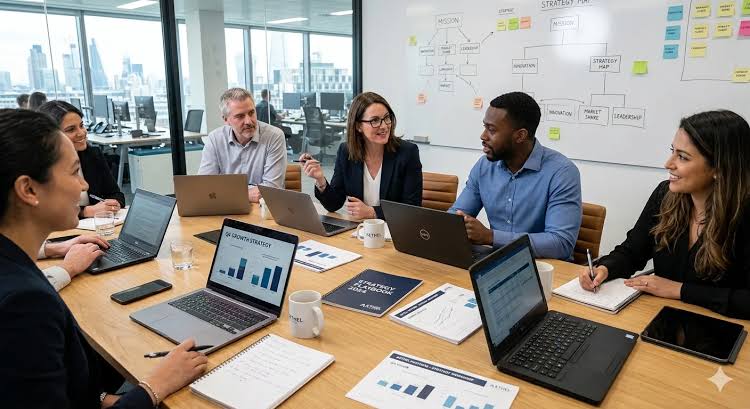 A team of professionals collaborating around a conference table with laptops and growth strategy charts at a Digital Advertising Agency.