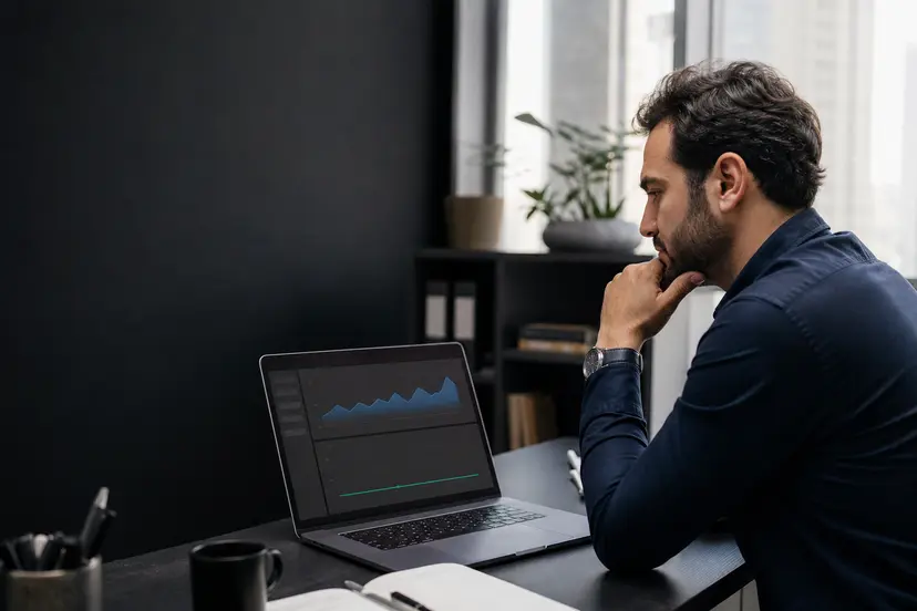 Focused digital marketing professional reviewing performance analytics charts on a laptop screen at a desk, analyzing campaign metrics for Google Ads.