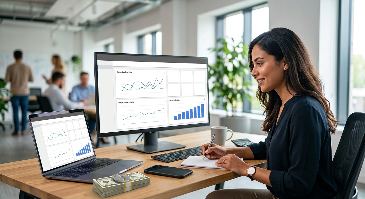 A professional marketing analyst sits at a desk with multiple monitors displaying data charts and a stack of cash, taking notes while evaluating How Much To Spend On Google Ads for an upcoming digital marketing campaign.
