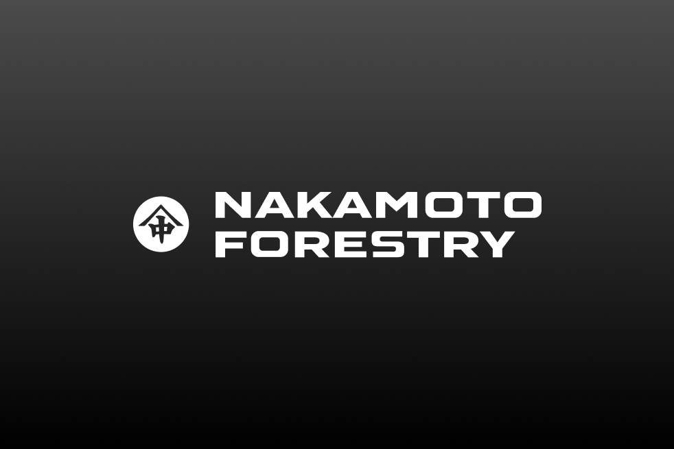 Nakamoto Forestry logo with stylized Japanese character inside a circle and bold text on a dark gradient background.