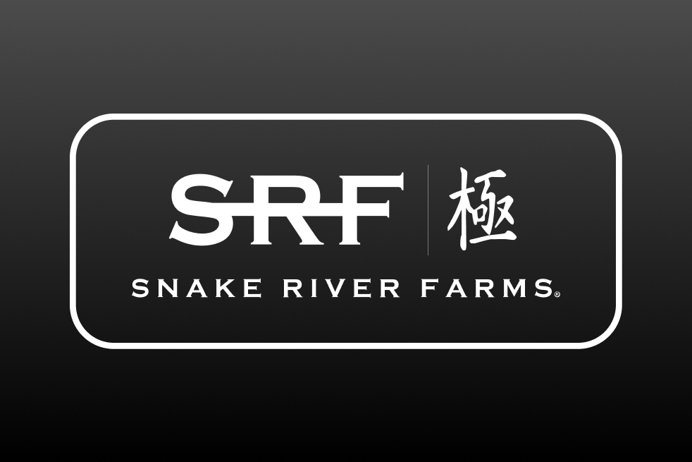 White Snake River Farms SRF logo with Japanese character inside a rounded rectangle on black background.