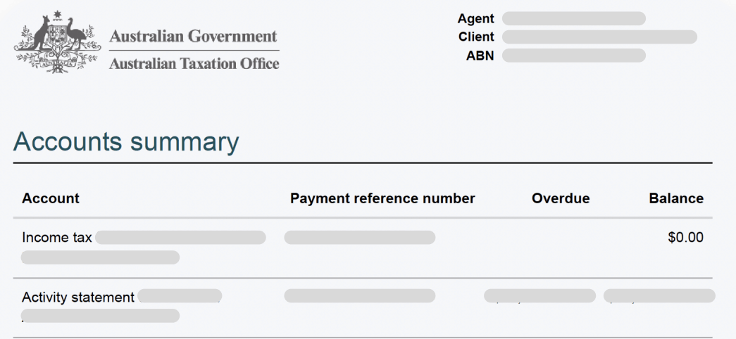 Accounts summary document from the Australian Taxation Office, displaying income tax and activity statement details, including payment reference number, overdue status, and balance information relevant for business finance applications.