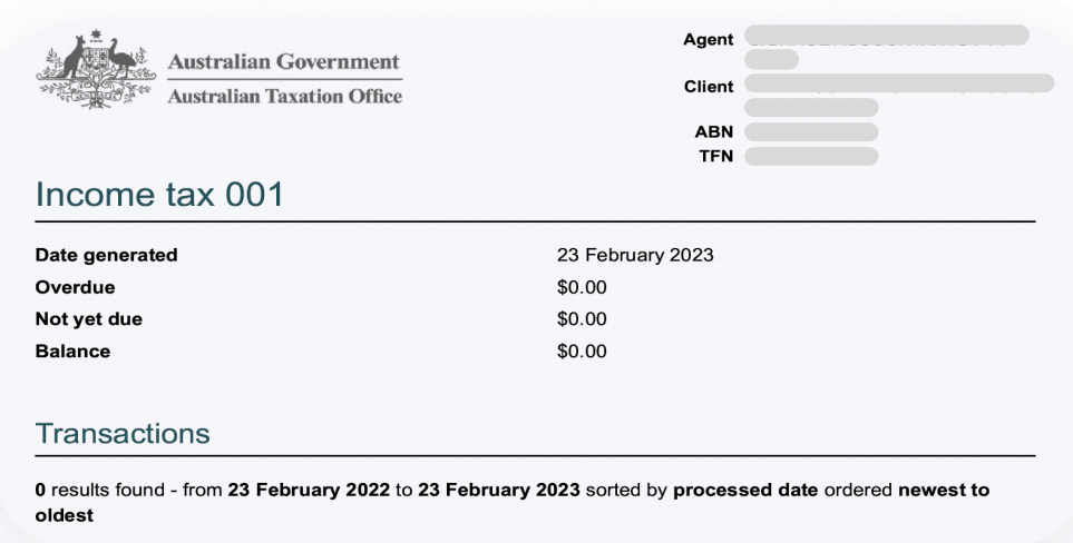 Income tax statement from the Australian Taxation Office showing date generated, overdue amount, not yet due amount, and balance, with transactions section indicating no results found.