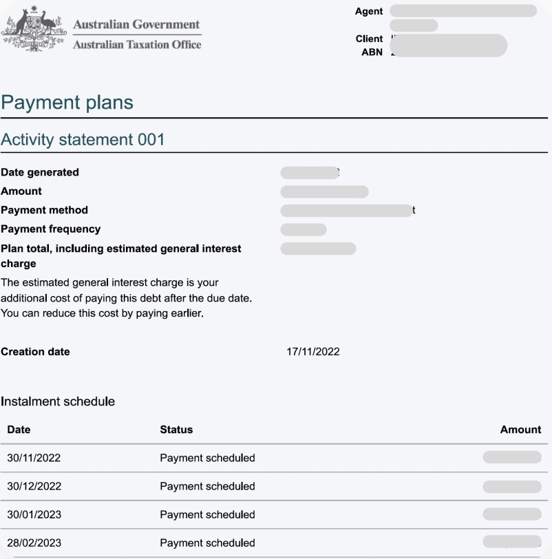 Payment plans document from the Australian Taxation Office, detailing an activity statement with scheduled payments and estimated interest charges for business financial management.