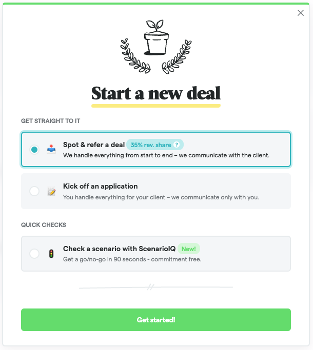 Spot & refer a deal option in Valiant Finance dashboard, highlighting process for client referrals and loan scenarios.