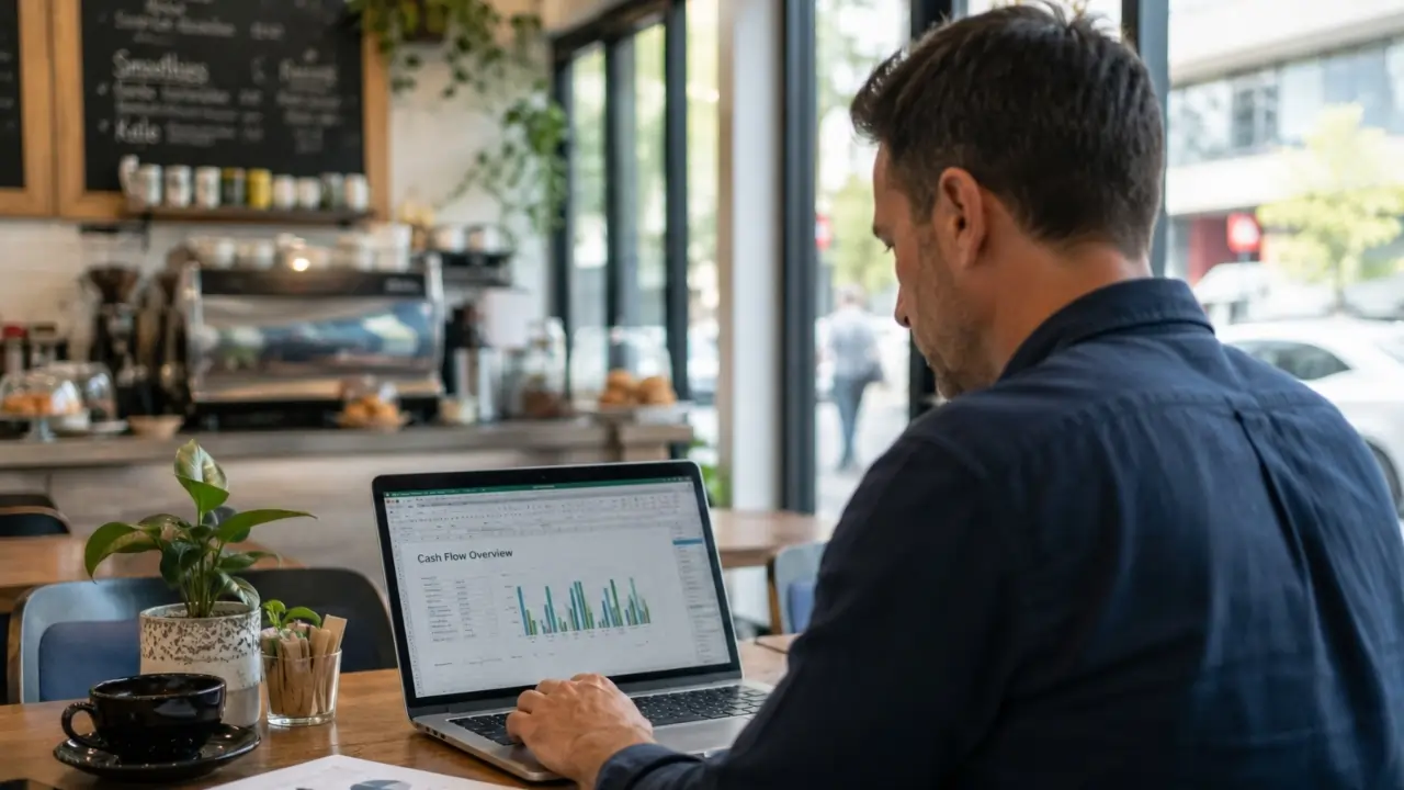Anonymous small business owner working on a laptop in a café