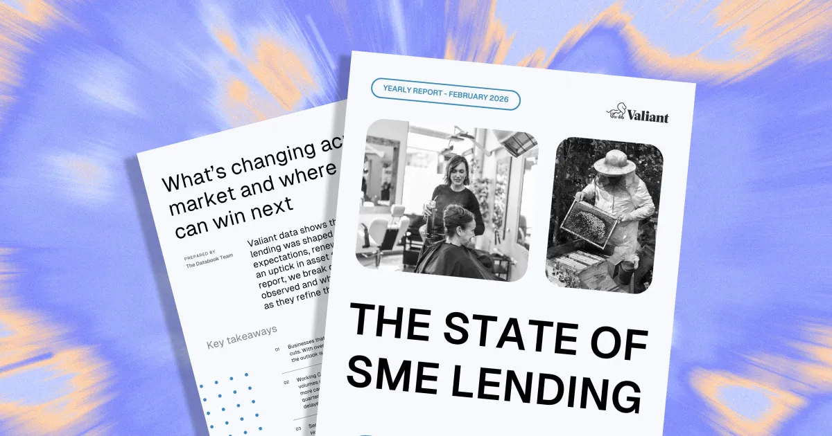 Valiant Finance report cover featuring "The State of SME Lending: 2025" with images of a hairstylist and a beekeeper, highlighting insights into small business financing strategies.