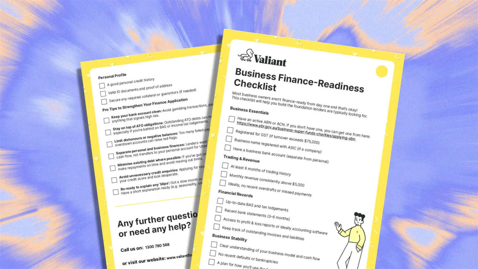 Business Finance-Readiness Checklist by Valiant, featuring key preparation tips and essential documentation for securing business loans, on a bright yellow background.