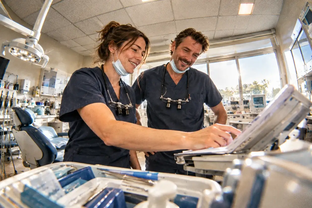 Two dentists in scrubs smiling as they review a screen together in a dental clinic