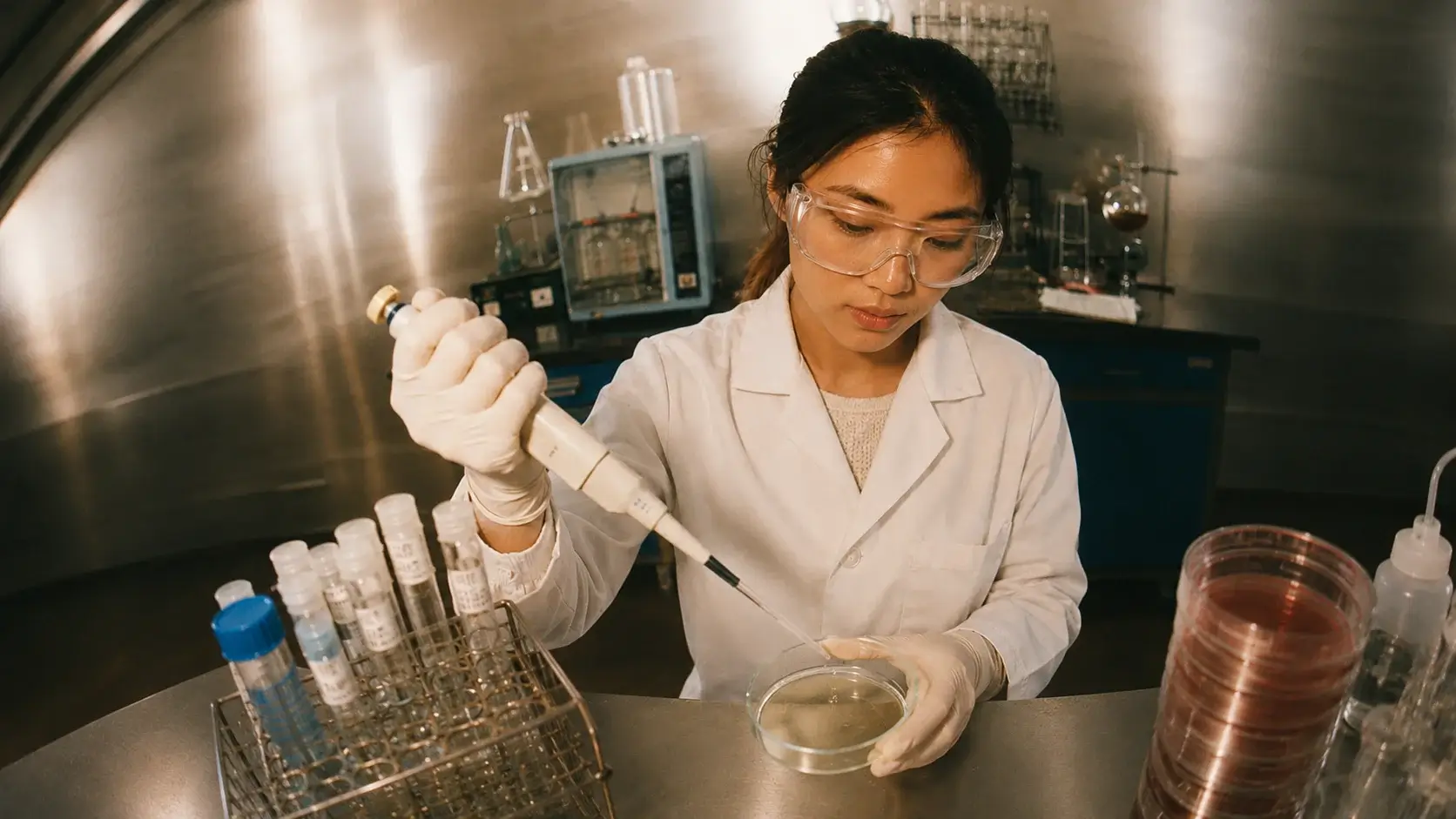 Lab scientist in safety glasses pipetting a sample into a petri dish beside racks of test tubes