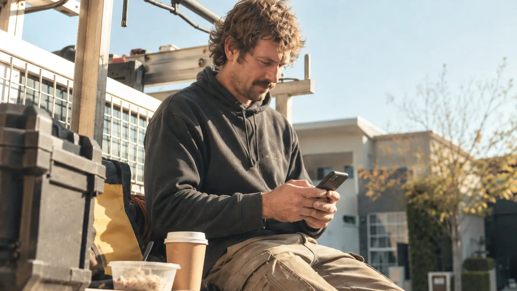 Tradie in a hoodie checking a phone during a break beside a work ute, with a coffee and lunch nearby