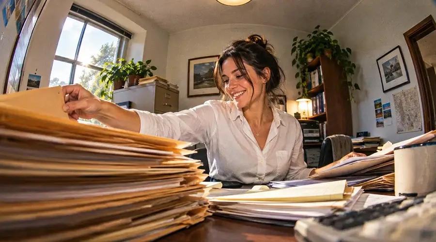 Professional smiling while working through a stack of files at a desk in a sunlit office