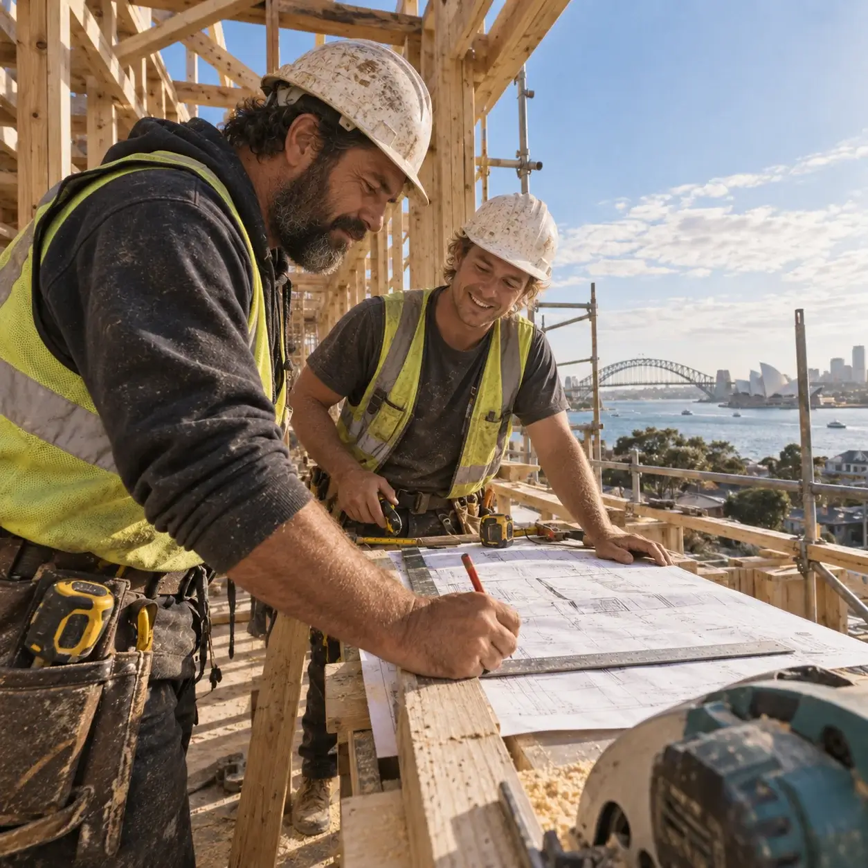 Two builders in hard hats and hi-vis vests marking up plans on a timber-frame build overlooking Sydney Harbour
