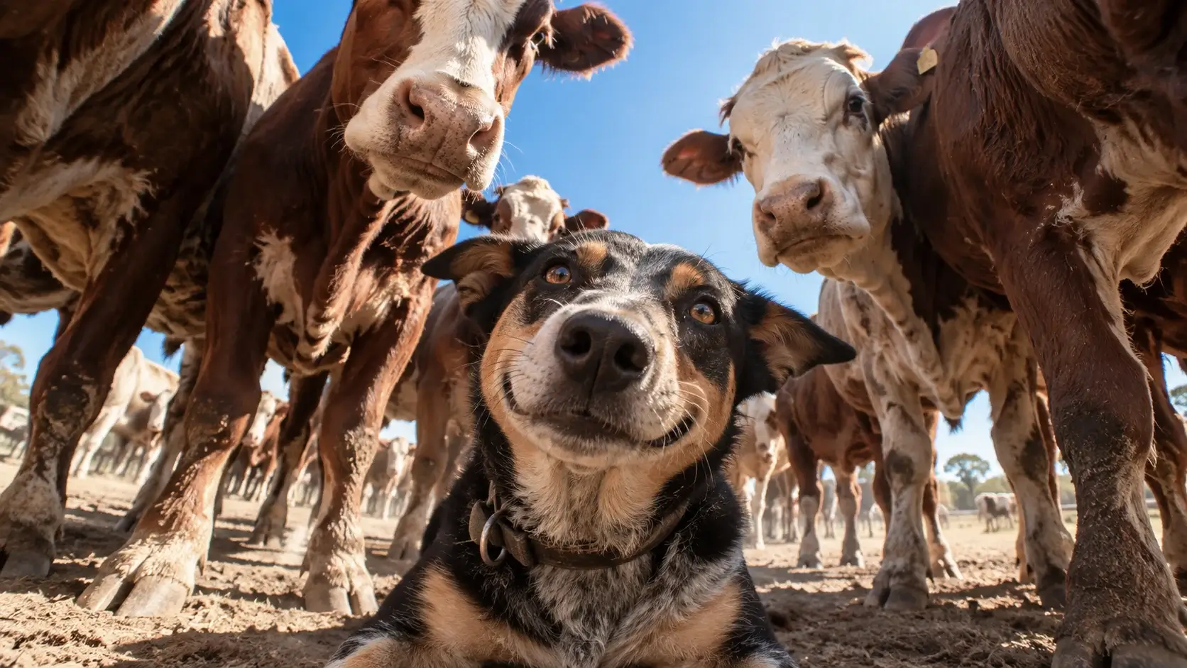 Cattle dog sitting in a dusty yard, surrounded by curious Hereford cattle