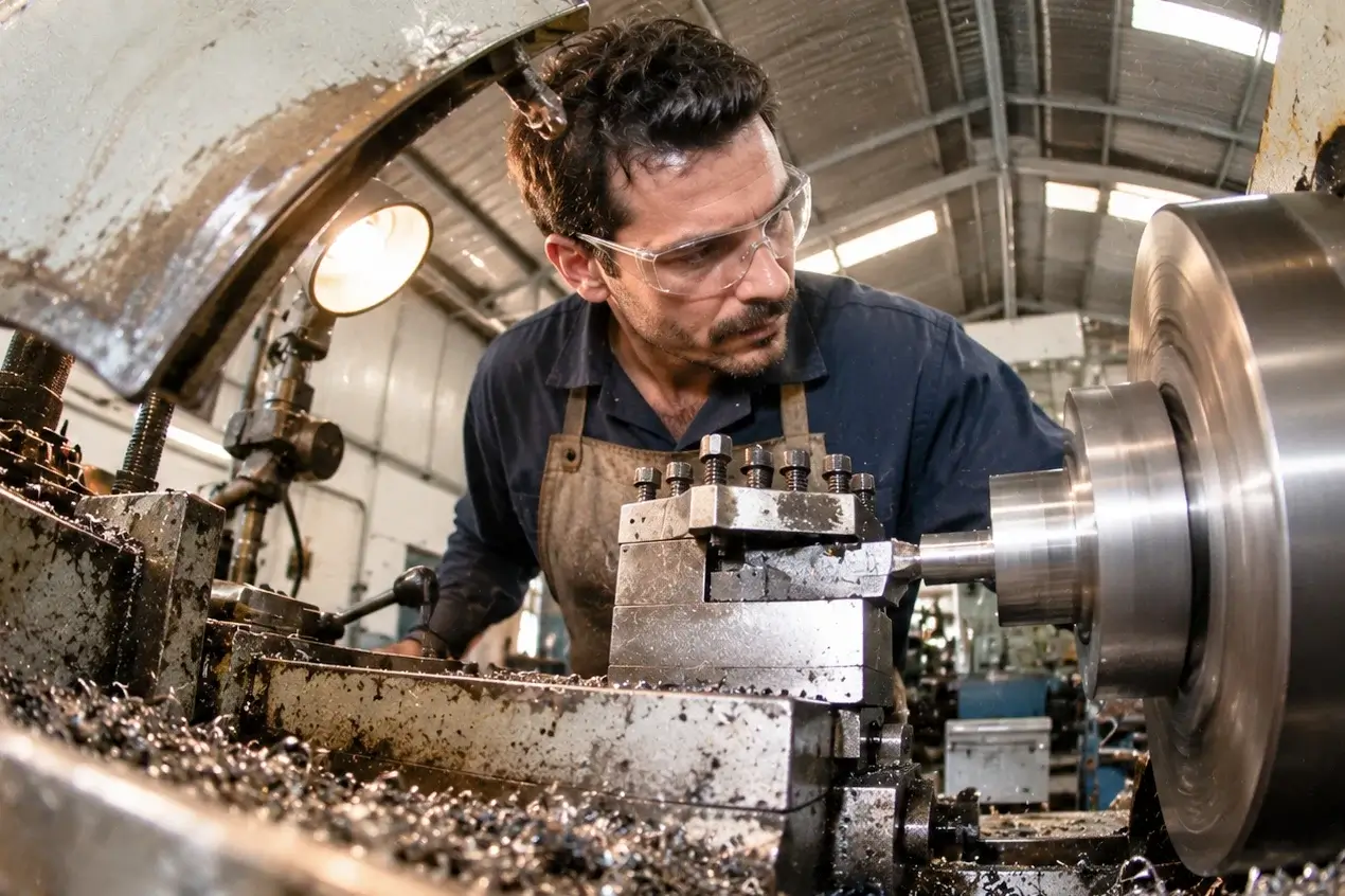 Machinist in safety glasses working at a metal lathe on a factory floor