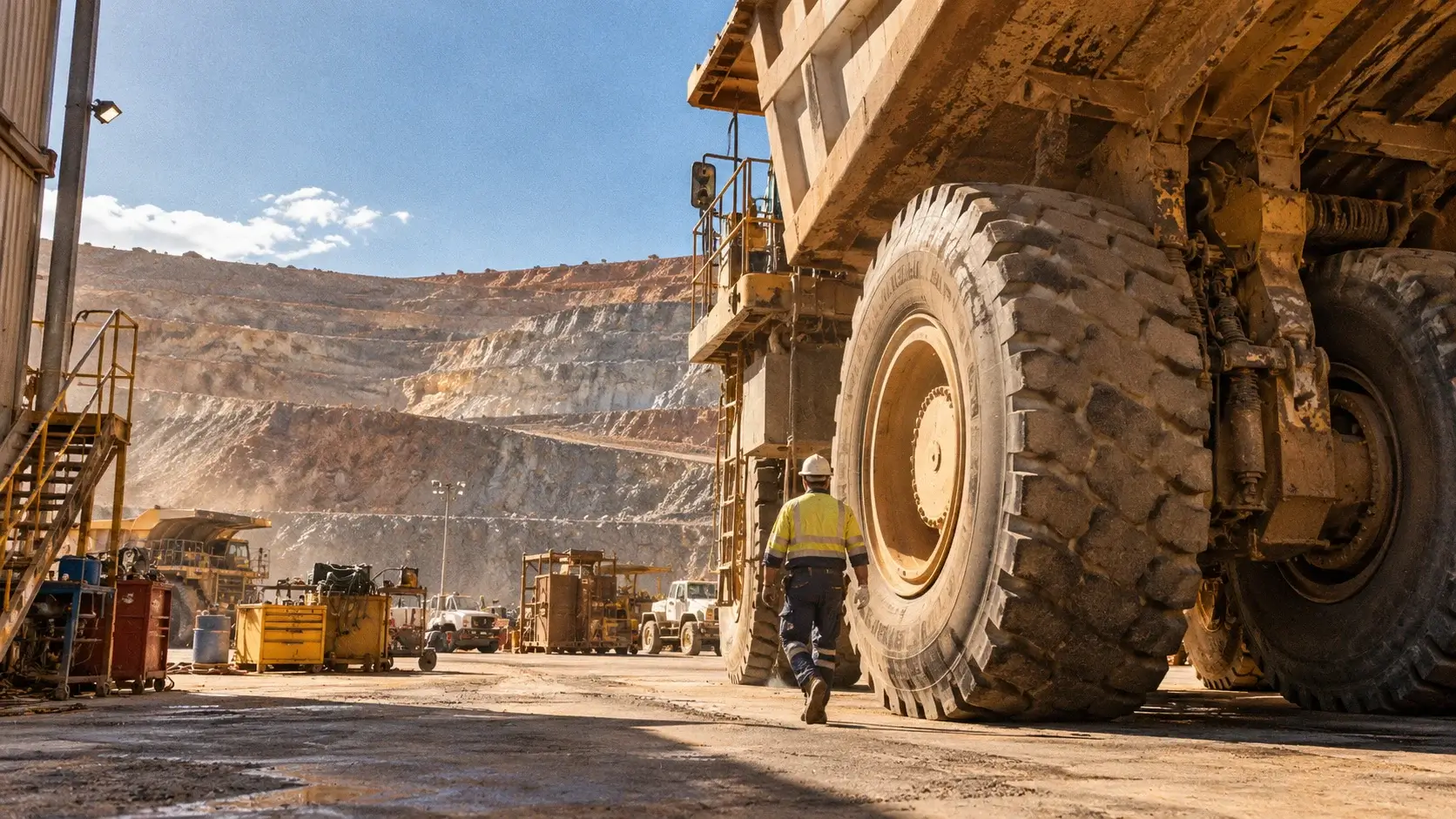 Mine worker in hi-vis walking beside a giant haul truck in an open-pit mine