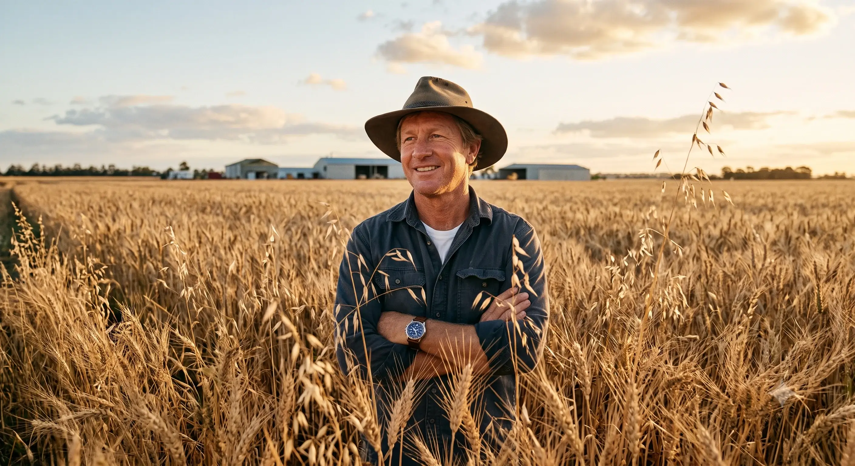 Farmer in a wide-brimmed hat standing with arms crossed in a golden wheat field, with farm sheds behind