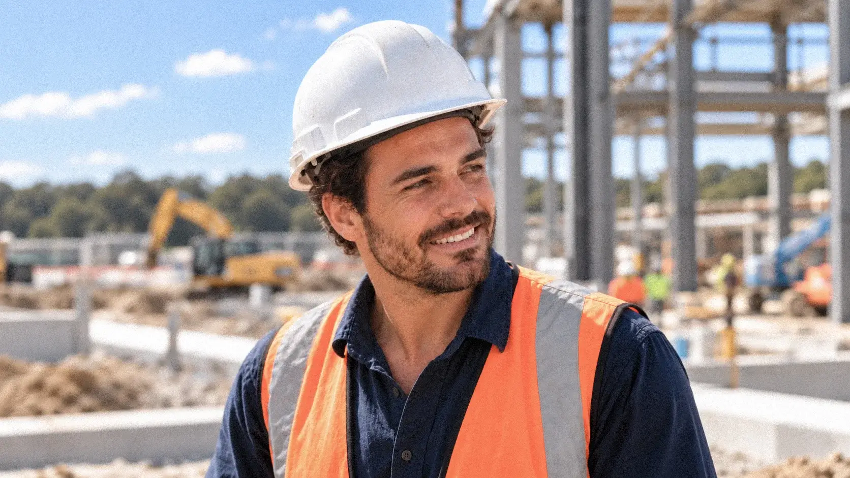 A tradesman on a construction site reading a loan approved notification on his phone