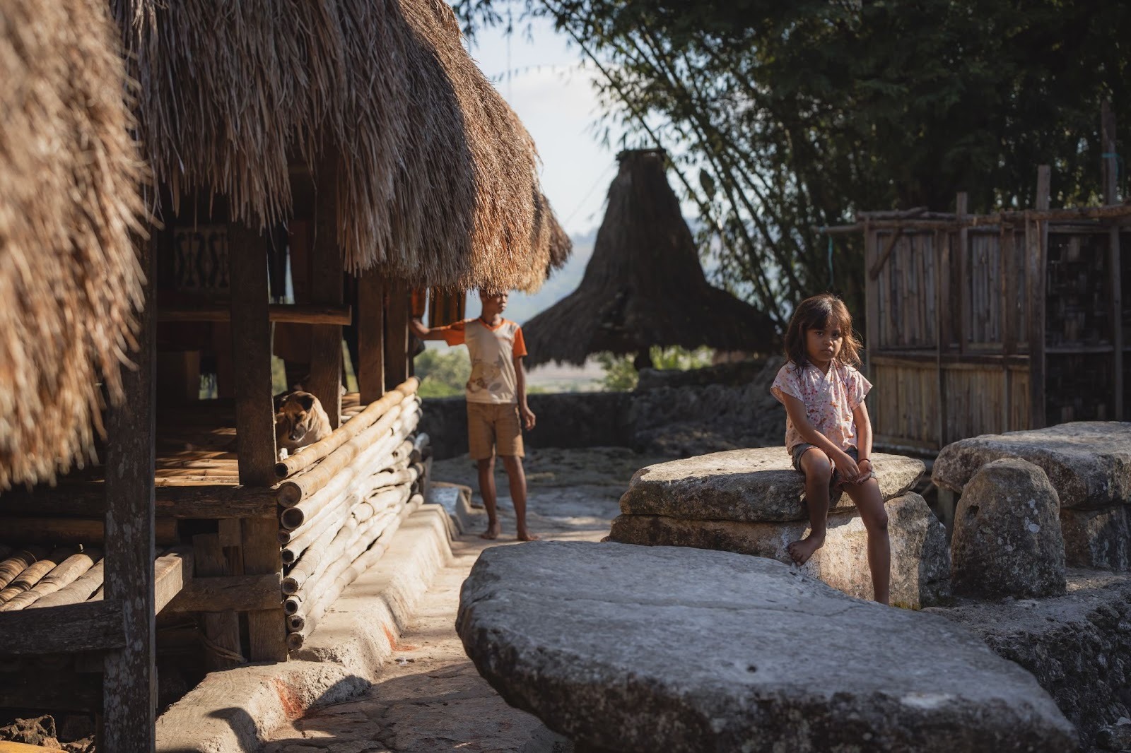 Traditional Sumbanese village with thatched houses and children representing authentic rural life in West Sumba