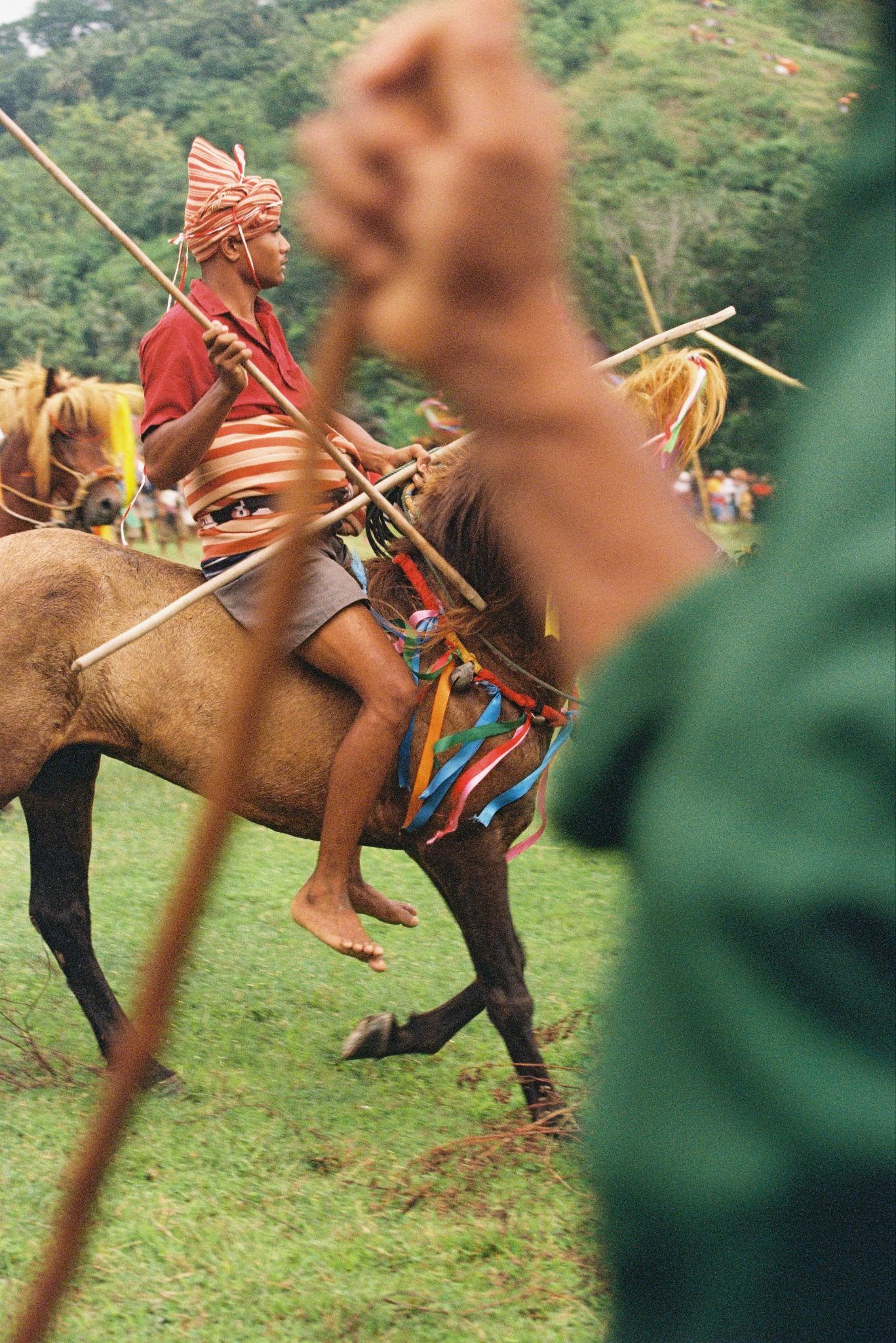 Sumbanese warrior on decorated Sandalwood horse carrying wooden spear during the annual Pasola ceremony in West Sumba Indonesia