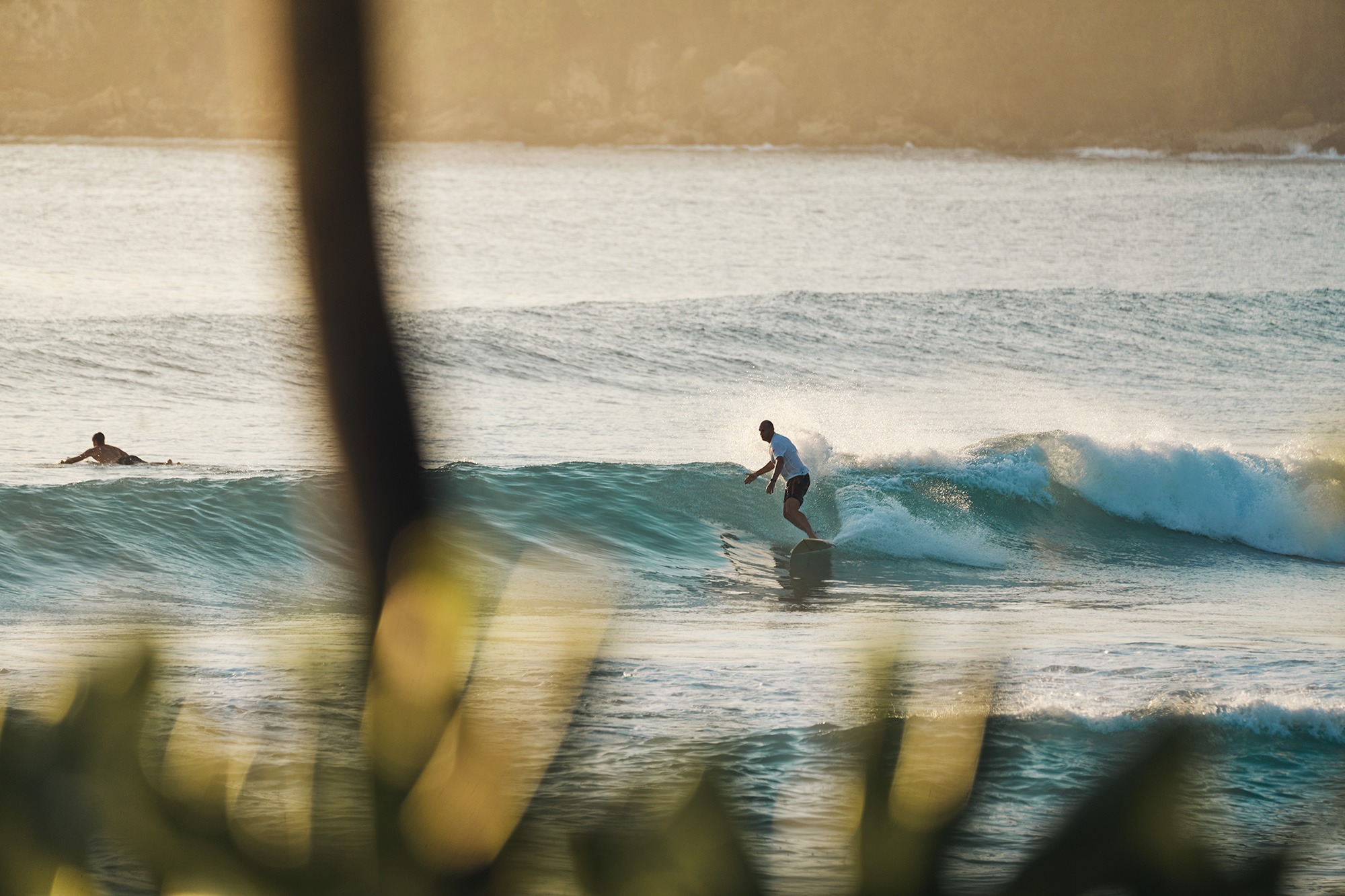 Young surfer carving a sharp turn on a clean turquoise wave off the Sumba coastline