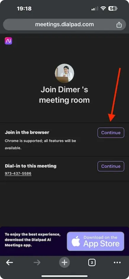 A screenshot of an app with a menu for a meeting.