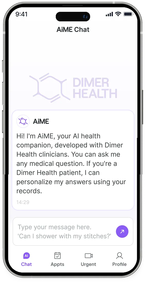 Smartphone screen showing AiME Chat AI health companion interface from Dimer Health with a message explaining personalized medical help for patients.