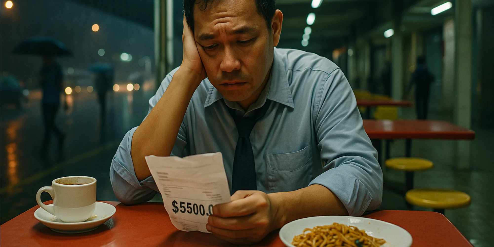 Tired mid-career Singaporean man in wrinkled shirt and loosened tie sitting alone at a hawker centre at night, looking at a crumpled payslip showing $5500.00, with half-finished kopi and cold noodles in front of him, under harsh fluorescent lights on a rainy evening.