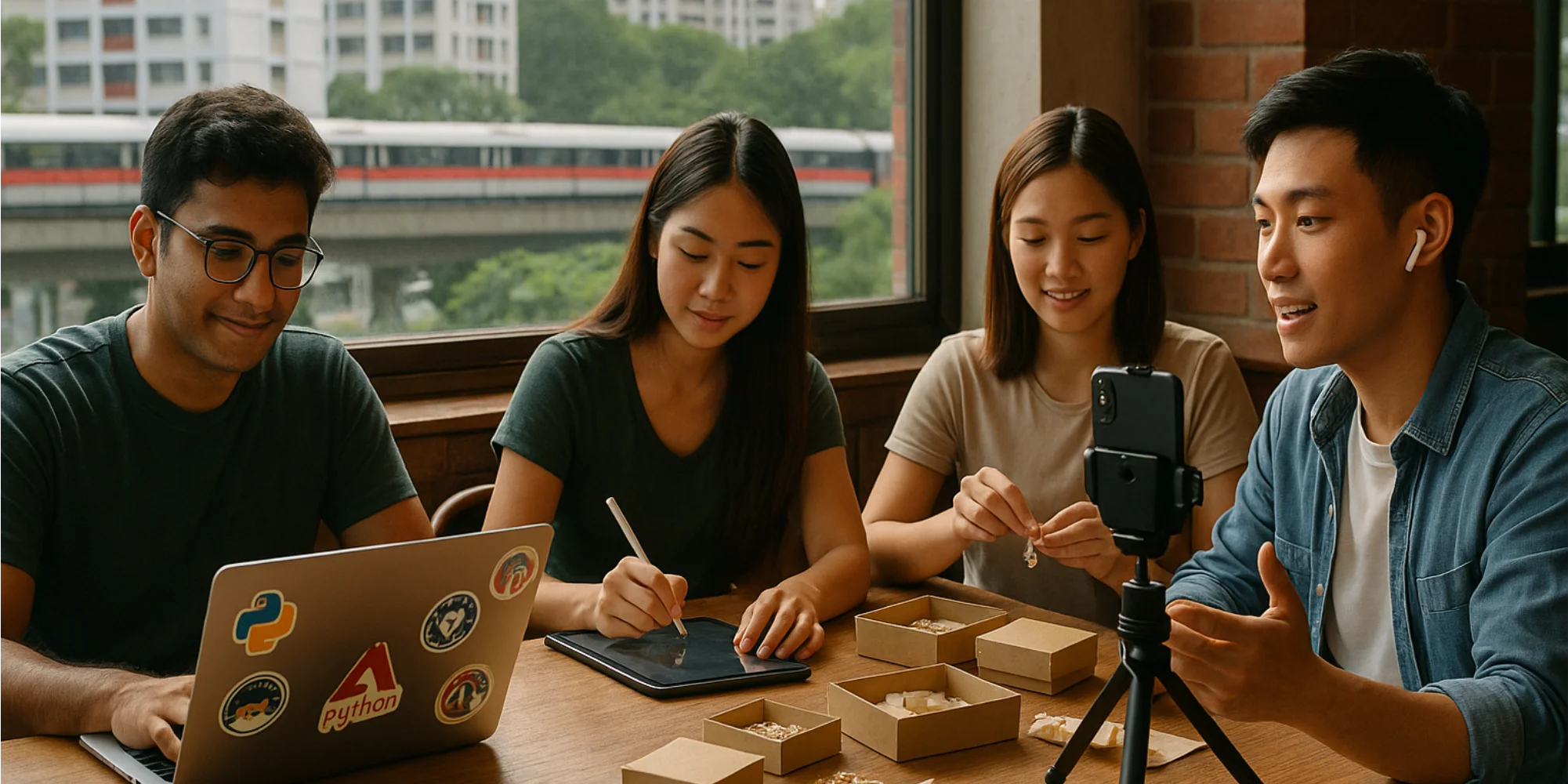 Young Singaporeans working on side hustles in a café with laptop, iPad, jewelry boxes, and live-streaming setup by the window.