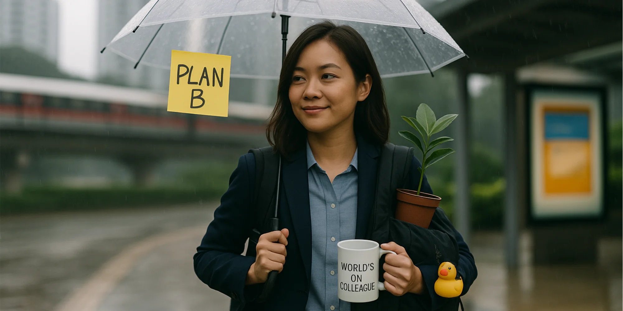 Professional woman walking in the rain with a clear ‘Plan B’ umbrella, carrying a small office plant and quirky mug; rubber duck on backpack, MRT blurred behind.