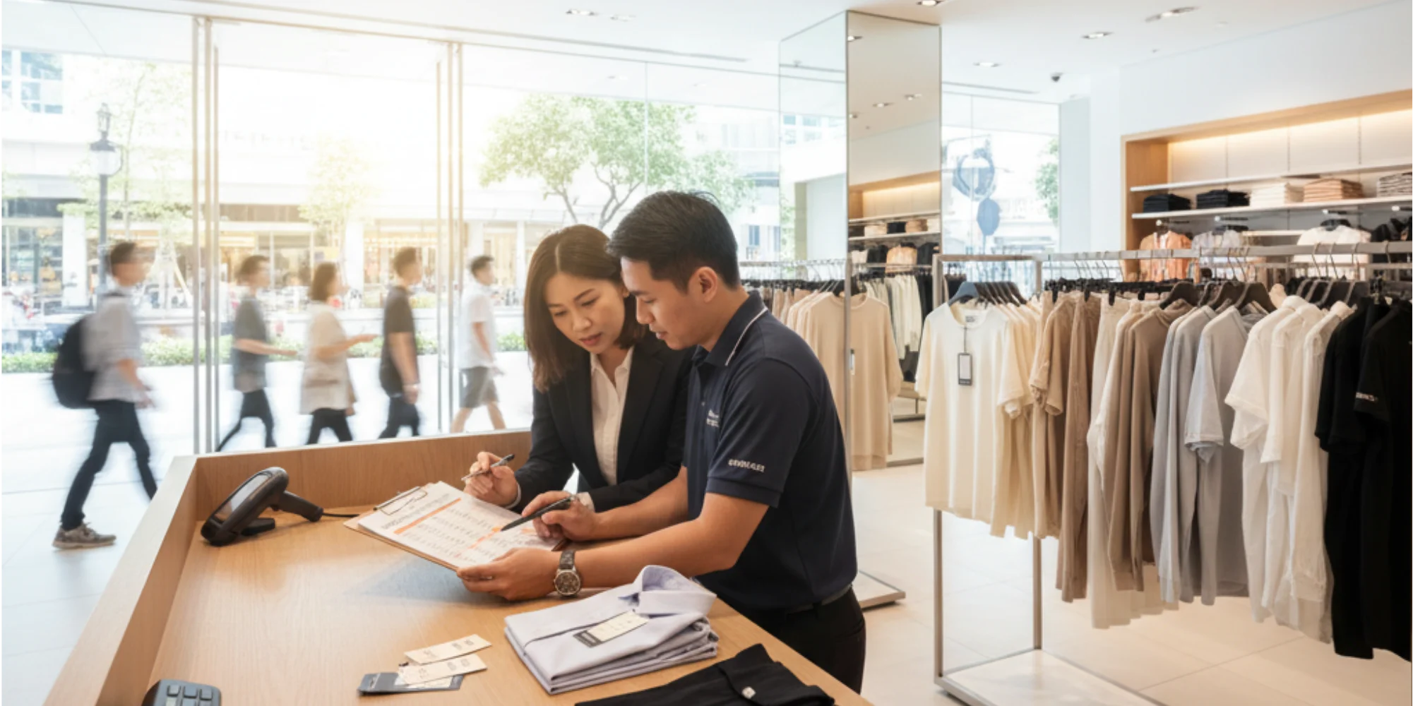 HR manager and store supervisor reviewing Retail PWM 2025â€“26 wage chart in a Singapore shop.