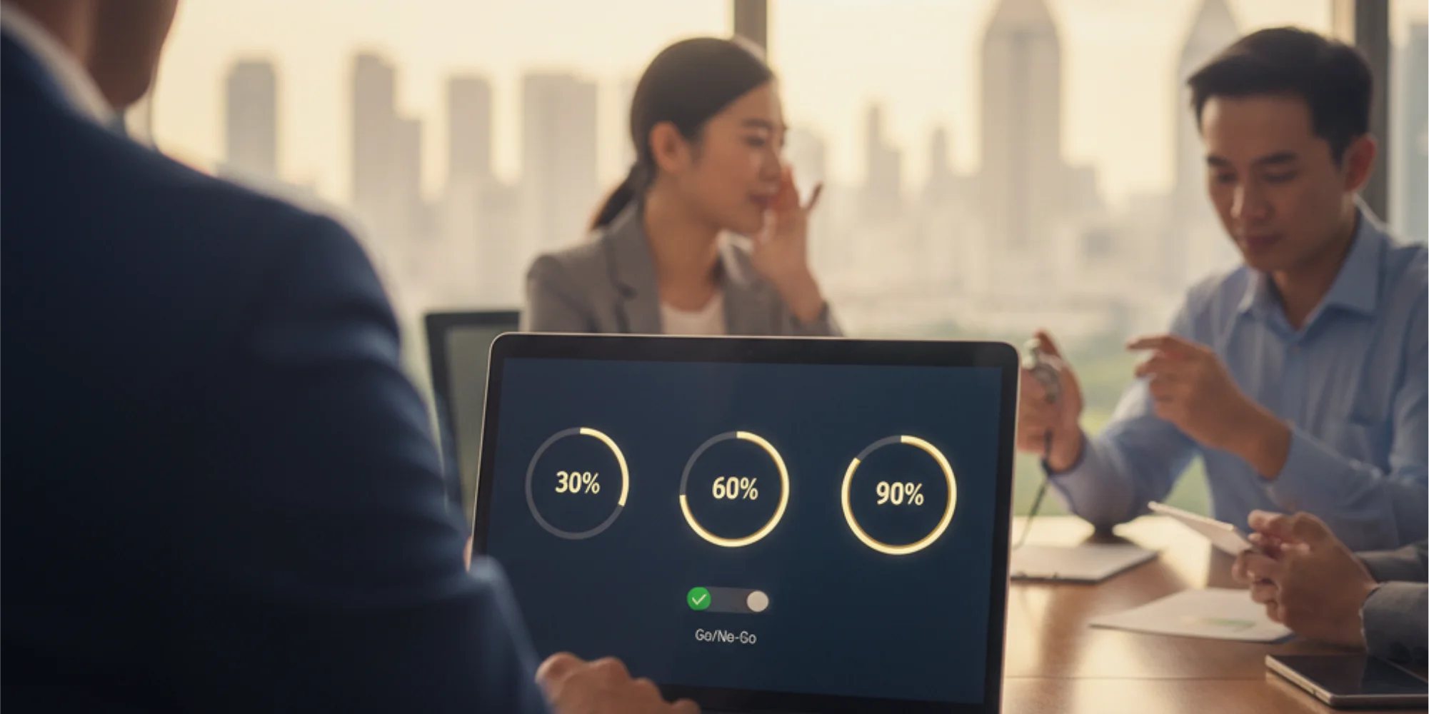 Over-shoulder view of a 30–60–90 progress dashboard with a decision gate at 60 days.