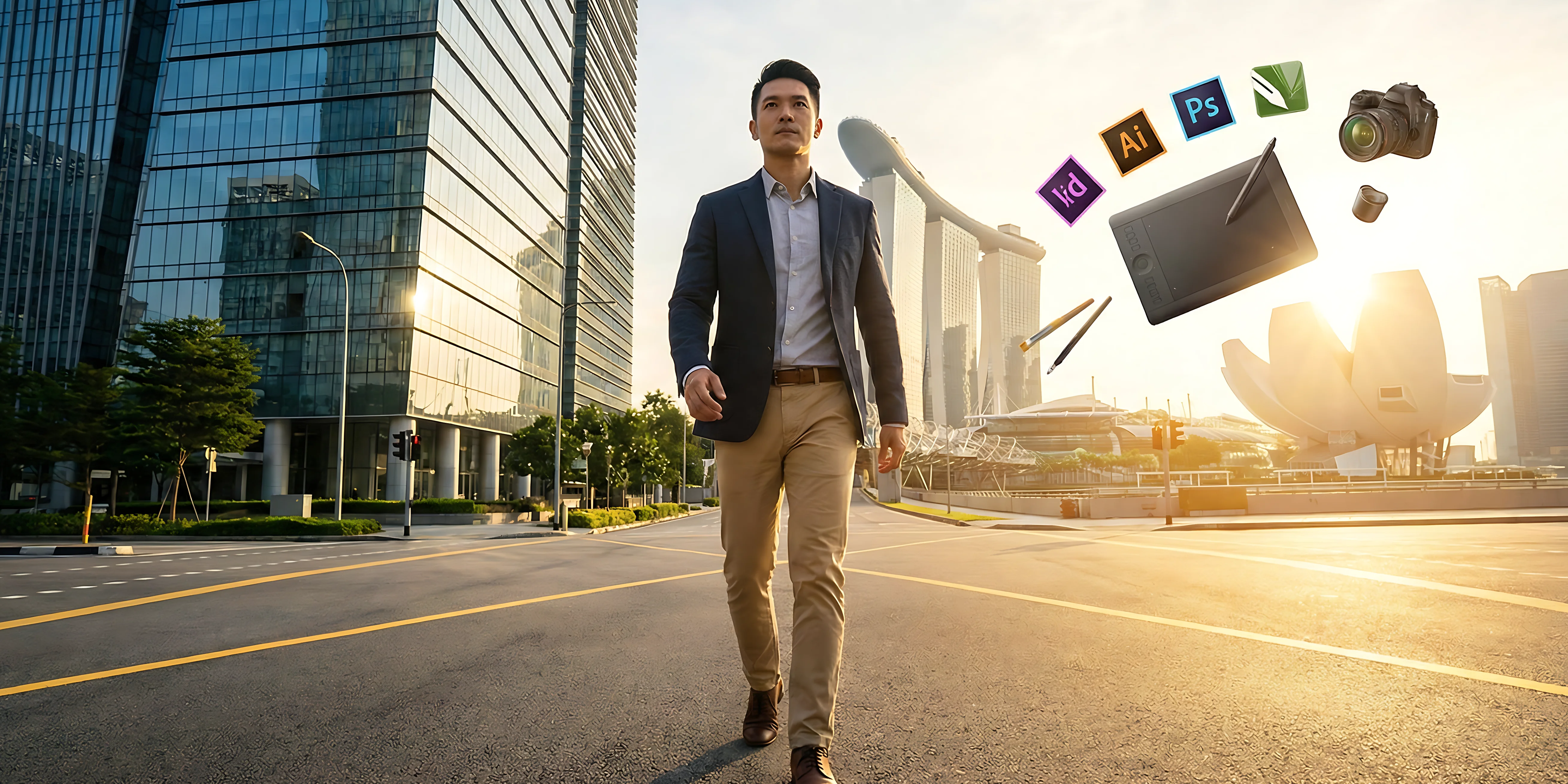 Professional making career transition from side hustle to full-time freelancer in Singapore modern business district