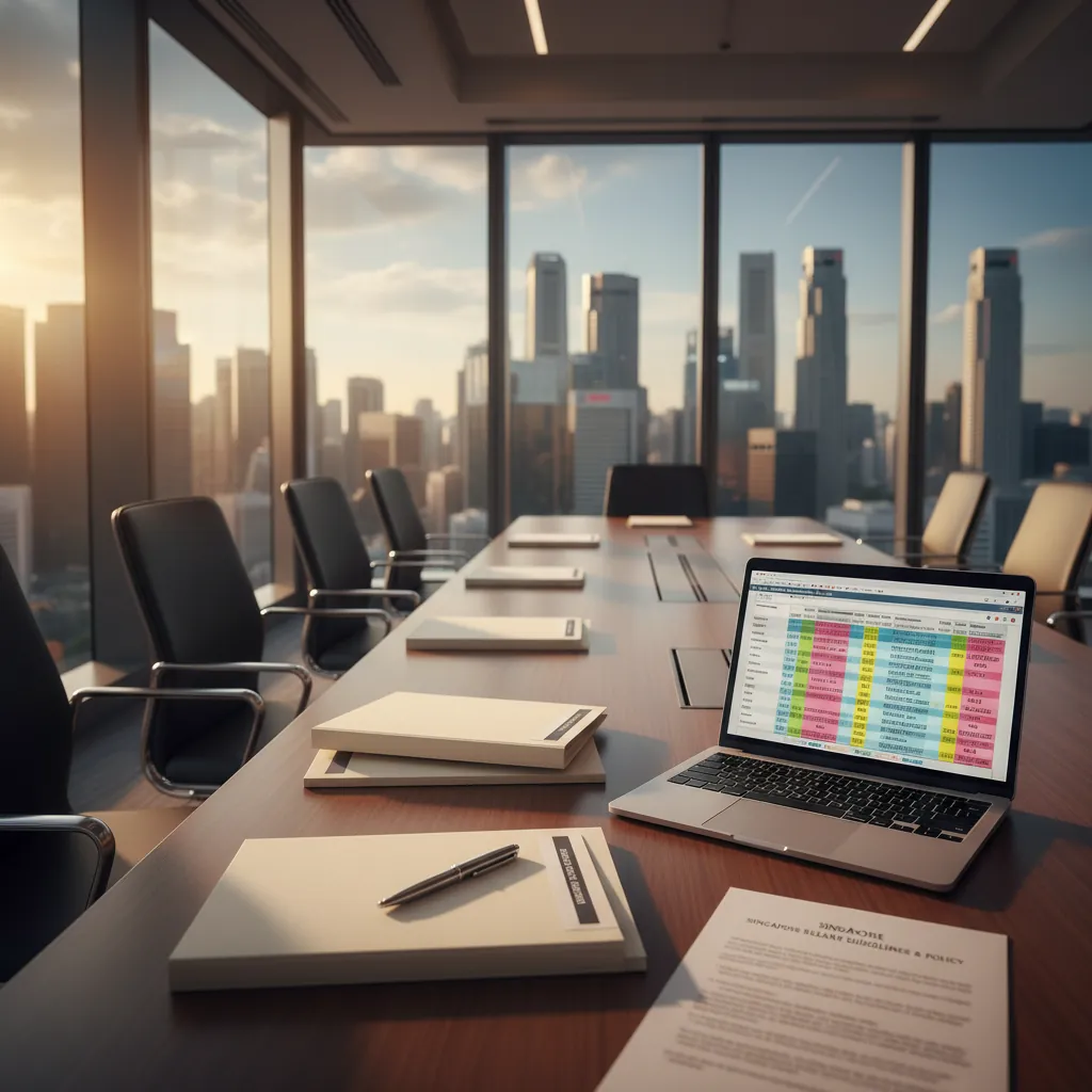 Singapore boardroom with payroll spreadsheet and CBD skyline view