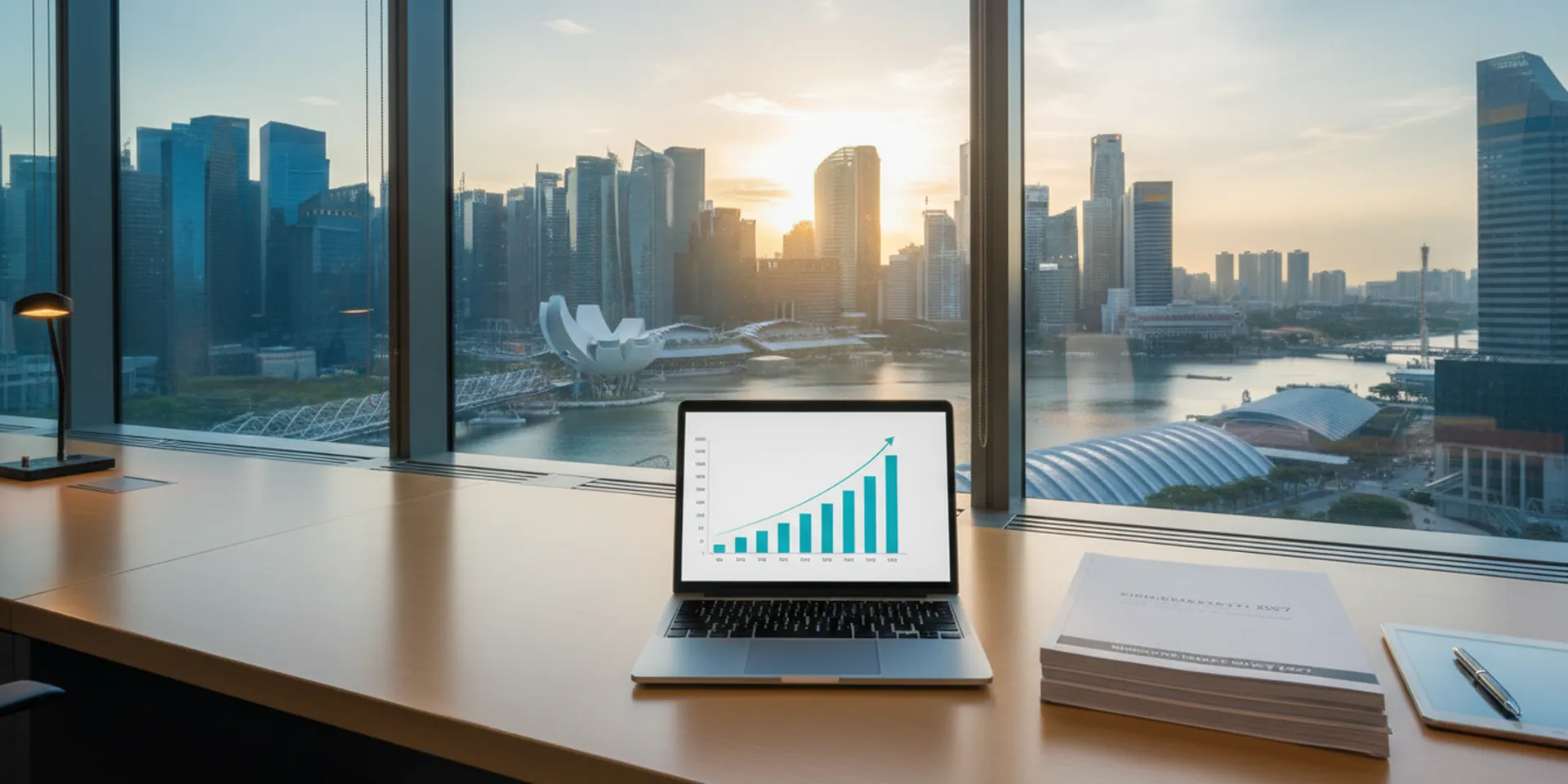 Singapore CBD skyline with rising salary chart on laptop representing 2027 EP and S Pass qualifying salary increases